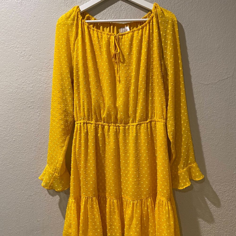 Yellow Tiered Long Sleeve Dress with Polka Dot Detail